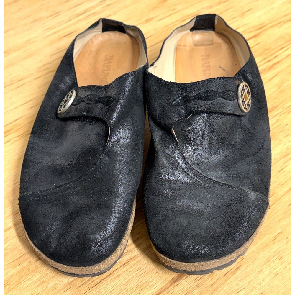 Haflinger Black Leather Clogs Mules Button Detail Cork Footbed EU 42 Womens